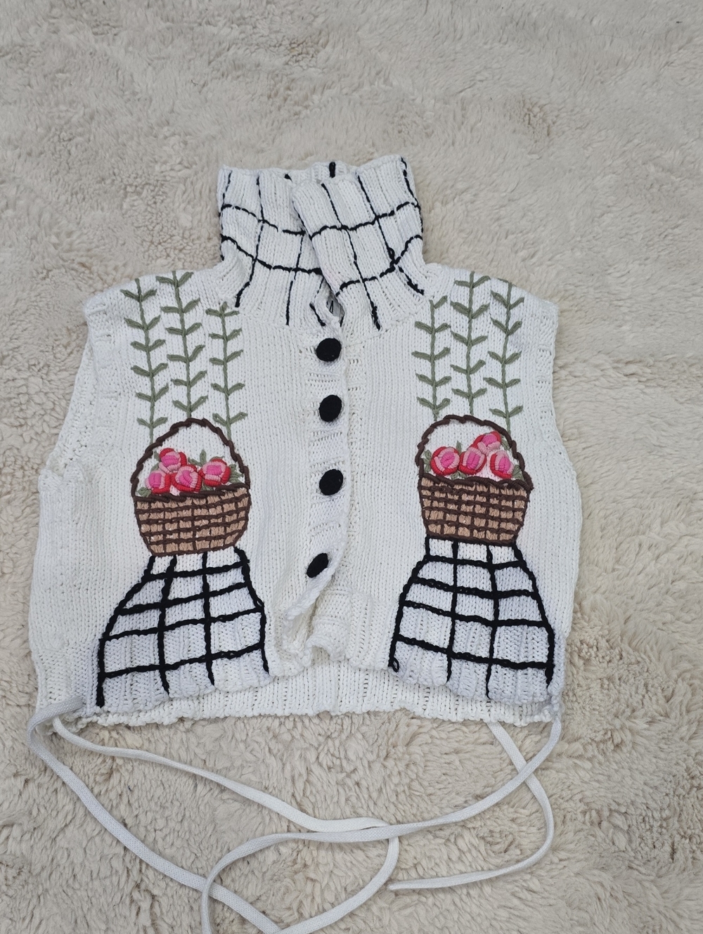 White V-Neck Knit Button-Front Sweater Vest with Floral Basket Embroidery